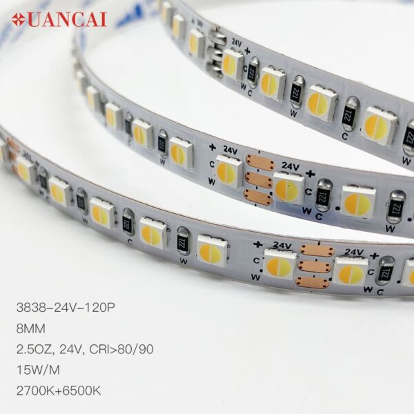 SMD 3838 120leds 8mm 24v Ra8090 2700k6500k Tunable white LED strip light